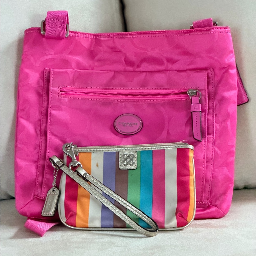 Coach Pink Crossbody Bag with Multicolor Wristlet